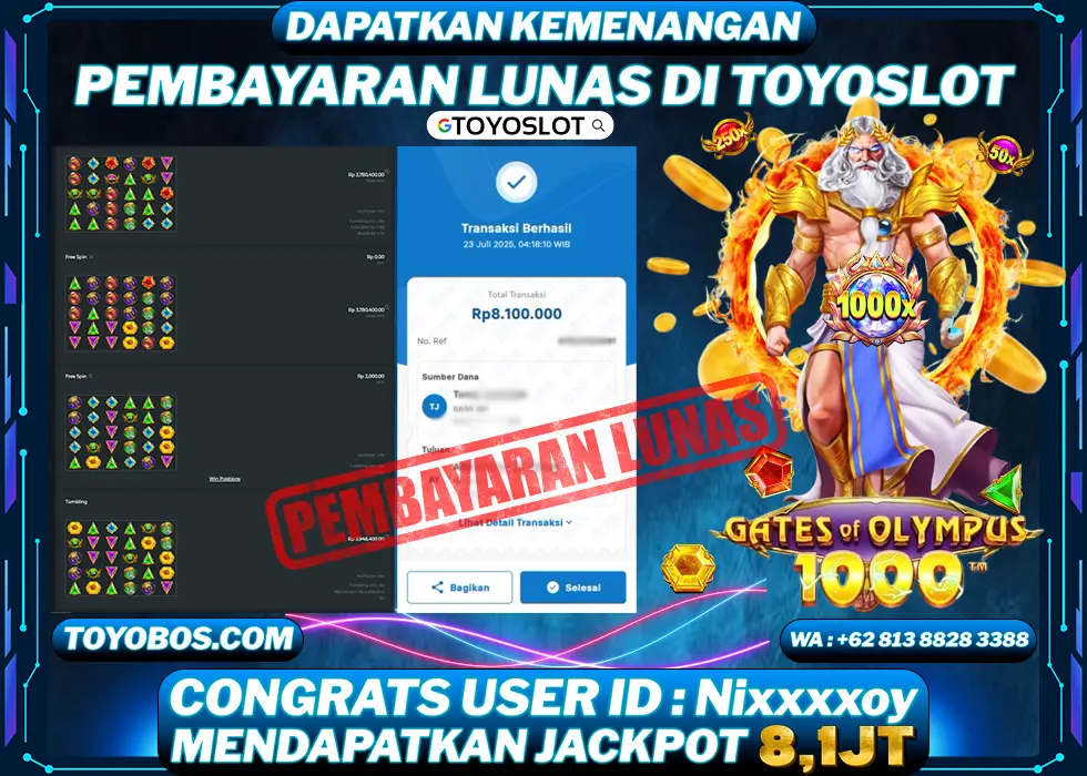 TOYOSLOT - BUKTI KEMENANGAN Gates Of Olympus x1000 Rp8,100,000,- LUNAS